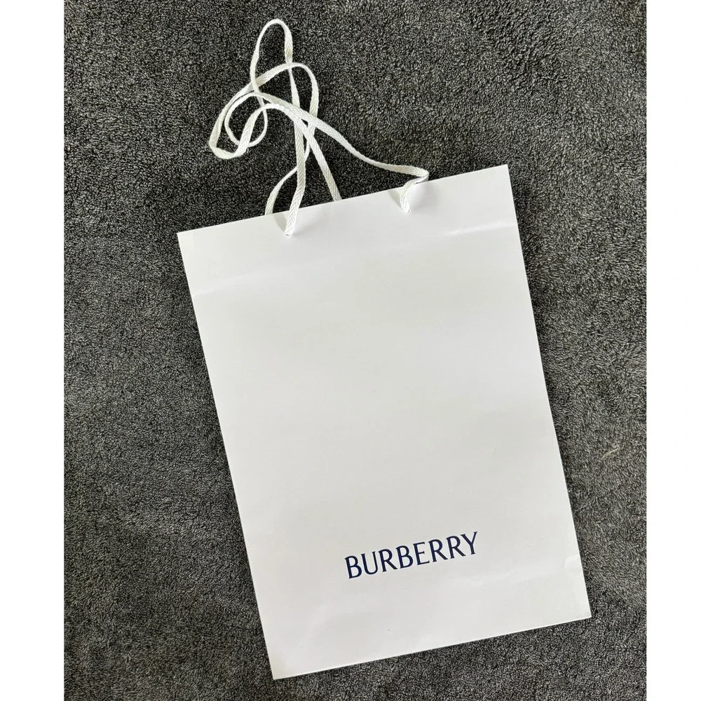 Burberry White Paper Shopping Bag Navy Logo Woven Rope Handles 12x16.5x4